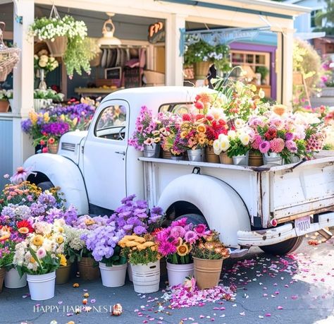 Flower Trucks, Flower Shop Display, House Illustrations, White Truck, Classic Flower, Flower Truck, Cafe Shop Design, Shop Aesthetic, Flower Boutique