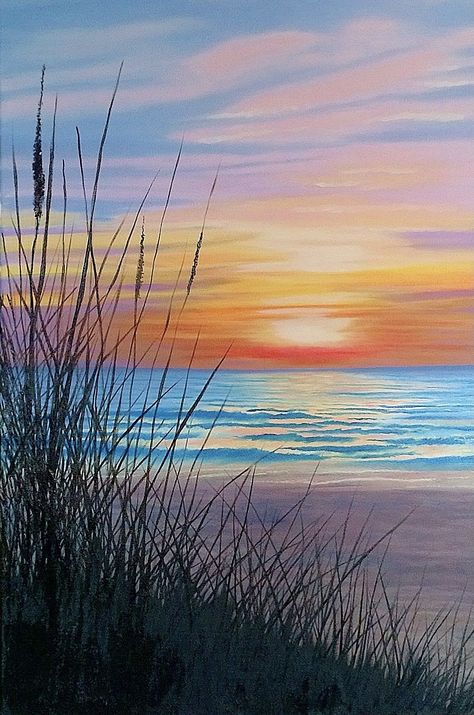 Seascape Drawing Easy, Painting Ideas On Canvas Beach Sunset, Water Sunset Painting, Beach Painting Sunset, Watercolor Sunsets, Ocean Sunset Painting, Beach Scene Painting, Beach Art Painting, Texture Painting On Canvas