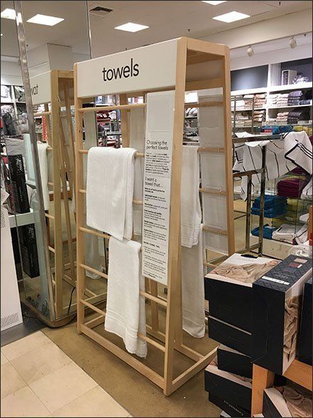 Macys Freestanding Towel Trapezoid Display Rack 3 Fabric Store Design, Towel Display, Bathroom Towel Rack, Retail Inspiration, Showroom Interior Design, Linen Store, Showroom Design, Rack Design, Boutique Interior