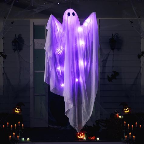 JOYIN 47" Halloween Hanging Light Up Ghost with Spooky Purple LED Light, Flying White Ghost for Halloween Yard, Patio, Lawn, Garden, Halloween Indoor Outdoor Decoration, Party Supplies Purple Led Light, Light Up Ghost, Halloween Hanging Ghost, Purple Ghost, Purple Led Lights, Halloween Led Lights, Halloween Hanging Decorations, Flying Ghost, Hanging Ghosts