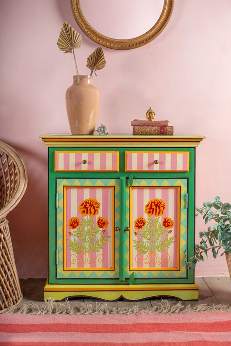 Fair trade products, Vintage & Bohemian style | Ian Snow – Ian Snow Ltd Colourful Painted Furniture, Healing Home Decor, Decorative Painted Furniture, Hand Painted Shelf, Colorful Painted Furniture, Painted Wood Furniture Ideas, Painted Dresser Diy, Hand Painted Furniture Diy, Painted Kids Furniture