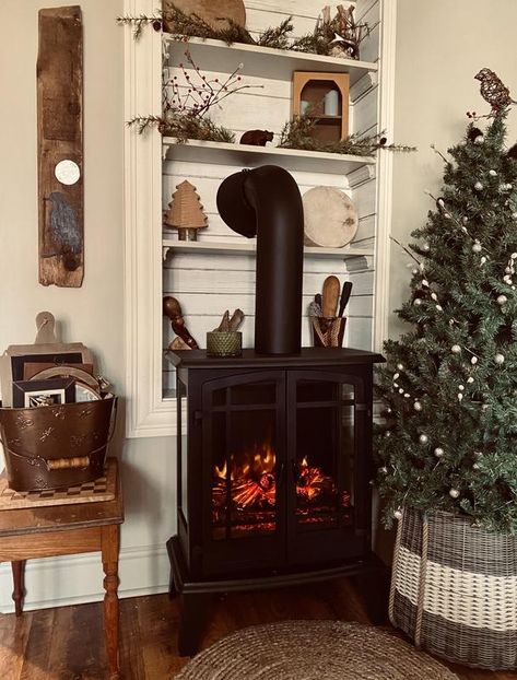 Looks authentic and easy to install. Electric Fireplace Stove Ideas, Fireplace Stove Ideas, Electric Fireplace Stove, Black Electric Fireplace, Stove Ideas, Fireplace Stove, Real Fire, Real Flame, Cottage Christmas