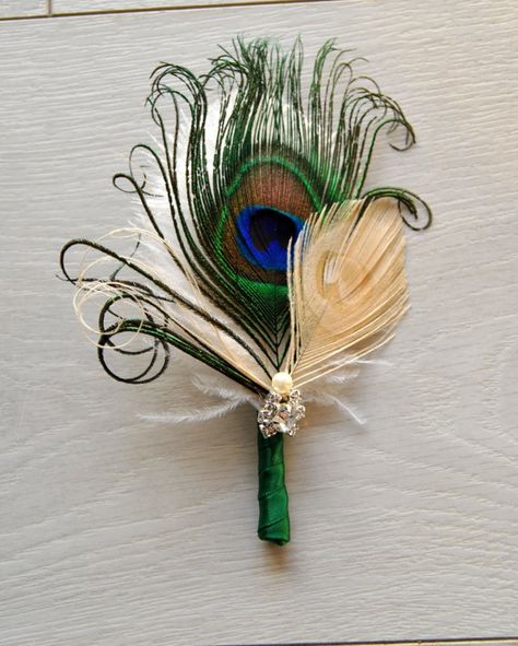 Peacock Groom Wedding Boutonniere Ostrich Feather Bridal Ivory Green 1920s groomsmen boutonnire Bridal groom boutonniere button hole Peacock Boutonniere, Peacock Clothing, Peacock Wedding Colors, Formal Flowers, Leopard Wedding, Luxurious Closet, Feather Boutonniere, Feather Bouquet, Simple Wedding Bouquets