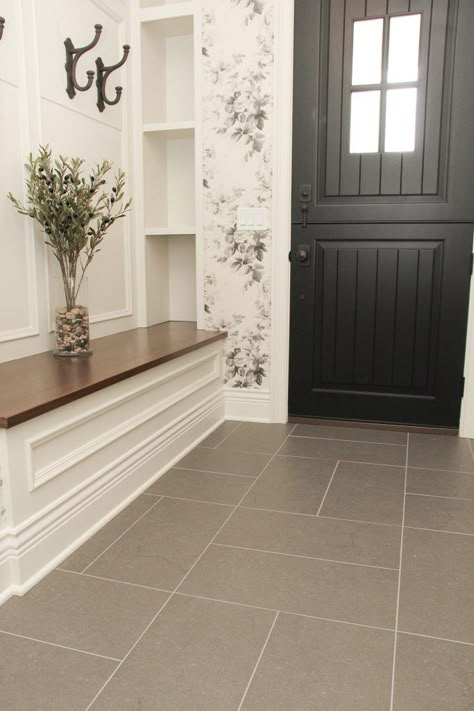 Gray Tile Entry Way Floor Tile Flooring Entryway, Gray Tile Flooring, Flooring Front Entrance, 12x24 Floor Tile Bathroom, Rectangle Bathroom Floor Tile, 12x24 Tile Layout Ideas, Entryway Flooring Tile, Entry Hall Tile Floor, Foyer Tile Ideas Entryway Farmhouse