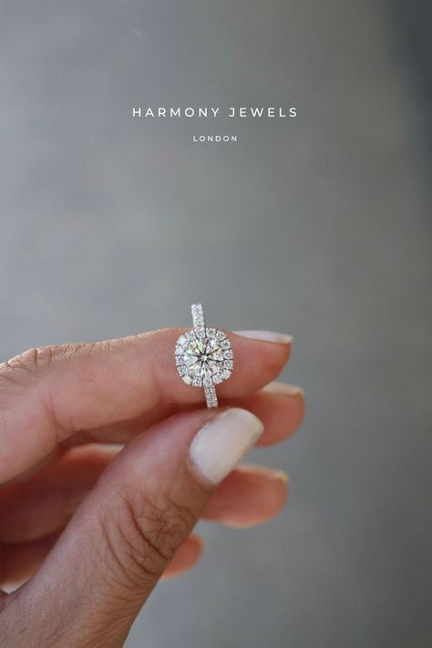 Dream Rings, Cushion Halo Engagement Ring, Cushion Halo, Bespoke Engagement Ring, Dream Ring, Halo Engagement Ring, Halo Engagement, Round Brilliant Cut, Round Brilliant