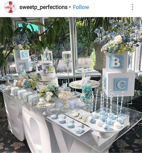 Light Blue Dessert Table, Baby Shower Boy Dessert Table, Blue Baby Shower Table Decor, Dessert Table Baby Shower Boy, Blue Dessert Table, Baby Shower Sweets Table, Baby Shower Candy Table, Shower 2023, Baby Shower Desserts Boy