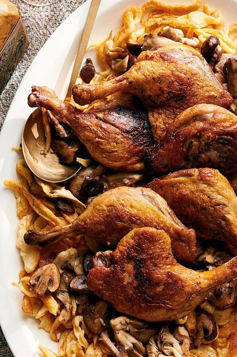 Inspired by German celebratory harvest meals from centuries past, this comforting braised dish trades the traditional goose leg quarters for easier-to-source duck, served on a bed of buttery-crisp spaetzle and saucy mushrooms.#foodandwine #christmas #christmasrecipes #christmascookies #christmascandy #christmasbaking #cookies #baking #cookierecipes Mushroom Ragout Recipe, Ragout Recipe, Mushroom Ragout, Best Mushroom Recipe, Butternut Squash Casserole, Braised Duck, Duck Christmas, Pumpkin Sauce, Sweet Potato And Apple