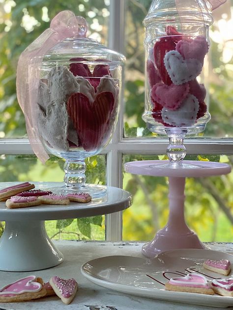 Valentine's Day DIY Vignette Hearts in Jars Valentines Vignettes, Vignette Styling, Valentine's Decor, White Pitcher, Valentine Decor, Valentine Hearts, Dried Lavender, Valentine's Day Diy, Valentines Day Decorations