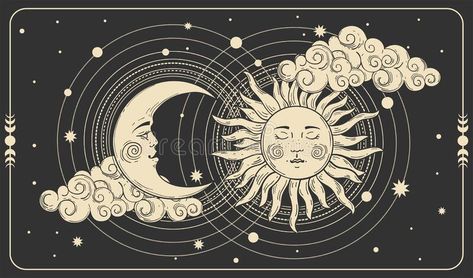 Sun and a crescent moon with a face on a black cosmic background. Tarot card, concept of mythology, witchcraft. Mysticism. Boho banner with gold symbols of stock illustration Wallpaper Notebook, Computer Wallpaper Desktop Wallpapers, Cute Laptop Wallpaper, Desktop Wallpaper Art, Witchy Wallpaper, Cute Desktop Wallpaper, Mac Wallpaper, Hippie Wallpaper, Macbook Wallpaper