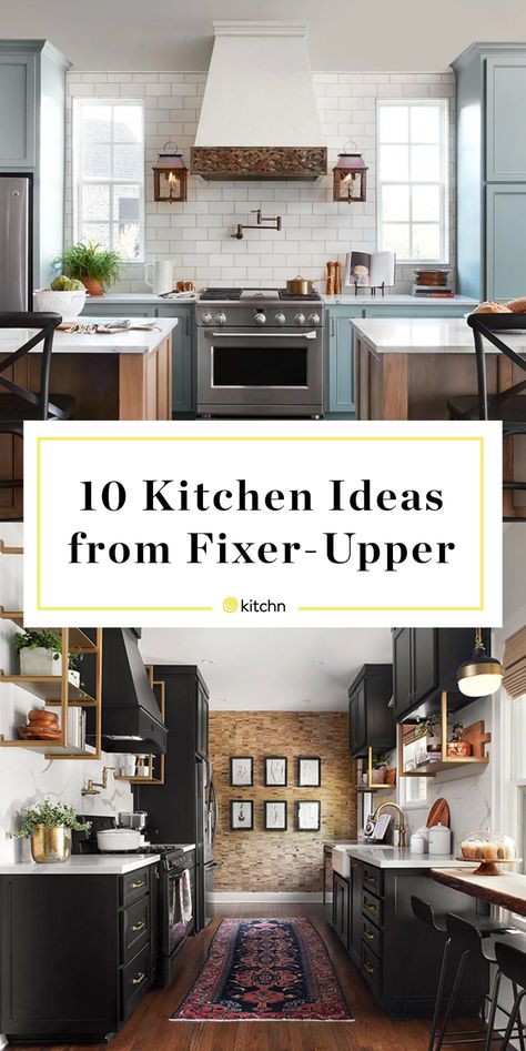 Fixer Upper - Best Kitchen Ideas | Kitchn Gaines Kitchen, Joanna Gaines Kitchen, Magnolia Kitchen, Distressed Decor, Fixer Upper Kitchen, Upper Kitchen Cabinets, Counter Seating, Bedroom Light Fixtures, Upper Cabinets