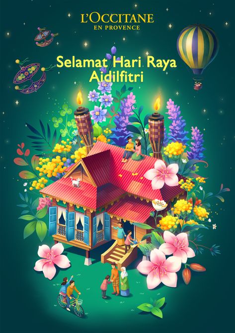 Loccitane Hari Raya illustration on Behance Poster Hari Raya Aidilfitri, Hari Raya Poster Design, Raya Posters, Hari Raya Aesthetic, Poster Raya Aidilfitri, Kad Raya Aidilfitri Design, Hari Raya Wallpaper, Aidilfitri Poster, Hari Raya Aidilfitri Design