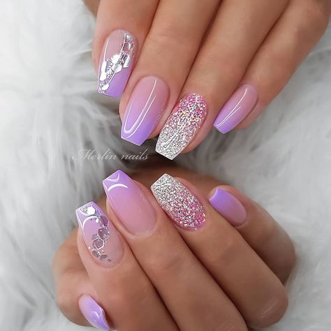 Image may contain: one or more people and closeup Butterfly Glitter Nails Short, Purple Nail Butterfly, Nail Purple Butterfly, Purple And Silver Butterfly Nails, Merlin Nails, Purple Glitter Butterfly Nails, Nail Art Photos, Unghie Sfumate, Short Coffin