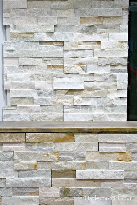 desert quartz ledgestone Stone Tile Fireplace, Stacked Stone Fireplaces, Fireplace Redo, Fireplace Update, Stone Fireplaces, Small Fireplace, Freestanding Fireplace, Fireplace Remodel, Travertine Tile