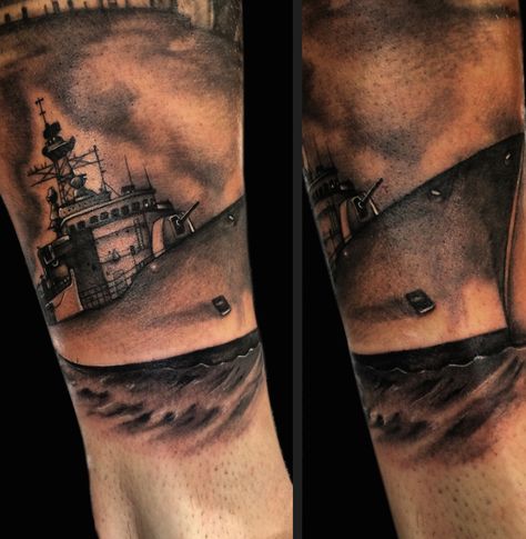 Navy ship tattoo by Kade Mack - tattoo artist at Kaleidoscope Tattoo Studio, Bondi, Sydney Navy Ship Tattoo, Tattoo Ship, Kaleidoscope Tattoo, Ship Tattoos, Barber Tips, Navy Tattoos, Barber Business Cards, Barber Tattoo, Barber Gifts