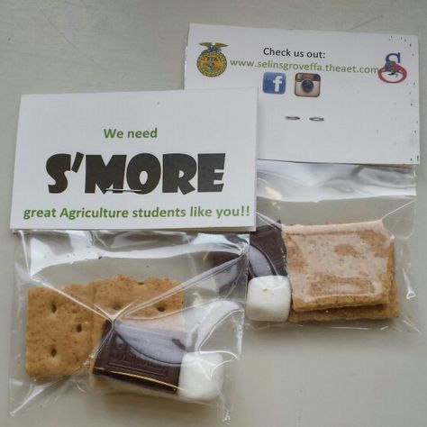 8th Grade FFA Recruitment. Have students bring smores to a campfire if they want to become a member Fun Agriculture Activities, Ffa Goodie Bags, Fccla Recruitment Ideas, Ffa Recruitment Ideas, Ffa Week Activities, Ffa Chapter Meeting Ideas, Ffa Event Ideas, Ffa Meeting Ideas, Ffa Week Ideas