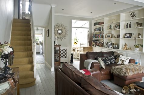 Victorian Terrace Conversion - Open Plan Victorian Terrace Living Room, Living Room Knock Through, Stairs Photoshoot, Terrace Living Room, Victorian Terrace House, Victorian Living Room, Stairs In Living Room, Victorian Townhouse, Open Plan Kitchen Living Room