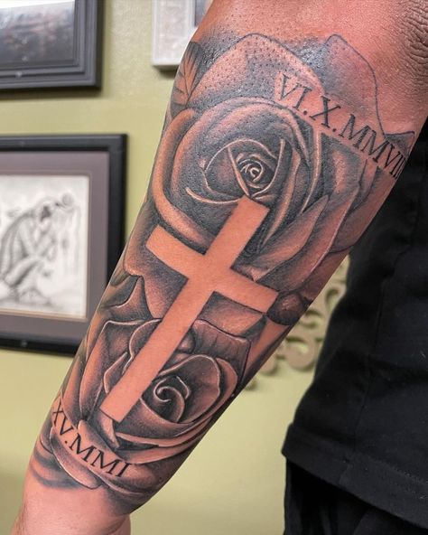 Are you looking for a stylish cross tattoo for men that will show you as a religious person? Top 15 cross tattoos ideas and ideal places for such body art. Rose And Cross Tattoos For Men, Cross Forearm Tattoo Men, Outer Forearm Tattoo Men Ideas, Tattoo Ideas For Men Cross, Cross Tattoos Men, Cross Tattoos For Men Forearm, Memorial Tattoo Sleeves, Rose Cross Tattoo, Cross Tattoo Ideas For Men