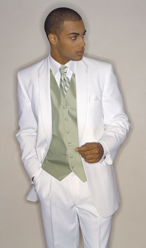 This is close to what I wore to our wedding (ivory with sage green), except Lauren also wanted tails and I wanted the high collar.  LOL! Green Tux, Green Suit Men, Sage Green Tie, White Wedding Suit, White Tux, Prom Suits For Men, Button Shawl, Wedding Tux, Green Wedding Inspiration