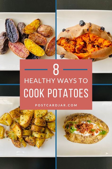 Healthy ways to cook potatoes, shows potatoes served on white serving dishes. Ways To Eat Potatoes, Noom Healthy Meals, Ways To Cook Potatoes, Perfect Baked Sweet Potato, Cook Potatoes, Noom Recipes, Making Baked Potatoes, Roasted Fingerling Potatoes, Healthy Potatoes