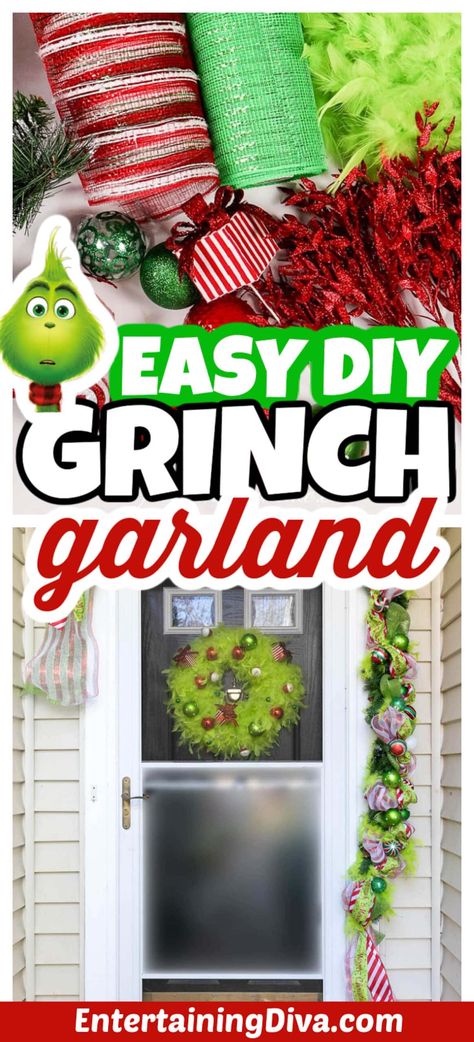 DIY Grinch Garland - A Step-By-Step Tutorial Grinch Mantle Decor Diy, Christmas Theme Wreaths, Diy Grinch Porch Decorations, Grinch Christmas Garland Diy, Simple Garland Christmas, Whoville Garland, Grinch Garland Ideas, Diy Grinch Christmas Decorations Dollar Tree, Diy Grinch Garland