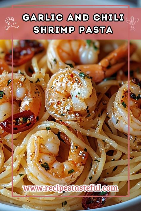 This Garlic and Chili Shrimp Pasta is a delightful combination of succulent shrimp, spicy chorizo, and al dente linguini, all tossed in a flavorful sauce with smoked paprika and semi-dried tomatoes. It's a quick and satisfying meal that's perfect for any occasion. Chili Shrimp Pasta, Spicy Garlic Shrimp, Chili Shrimp, Garlic Shrimp Pasta, Prawn Shrimp, Chorizo Sausage, Garlic Shrimp, Quick Weeknight Meals, Shrimp Pasta