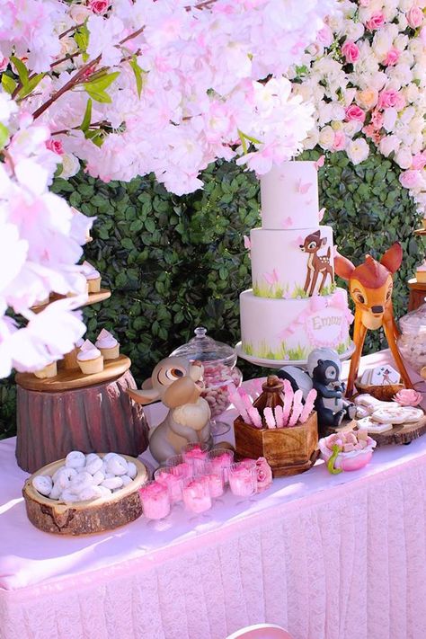 Bambi Dessert Table, Bambi Cookies, Bambi Baby Shower Ideas, Bambi Birthday Party, Floral Hedge, Bambi Party, Bambi Birthday, 18th Party Ideas, Party Ideas For Girls