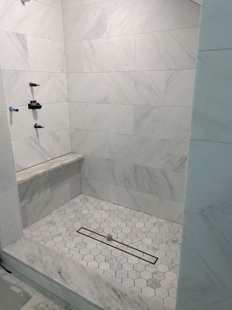 Full Tile Bathroom, Dream Home Bathroom, Hexagon Shower Floor, Bathroom Wall Ideas, Modern Bathroom Tiles, Bathroom Renovation Shower, Master Shower Tile, Large Shower Tile, Showers Bathroom