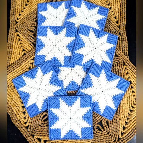 Blue And White Cross Stitch, Cross Stitch Coasters, Plastic Canvas Cross Stitch, Plastic Canvas Cross, Canvas Cross Stitch, White Cross Stitch, 8 Point Star, Canvas Coasters, Plastic Canvas Coasters