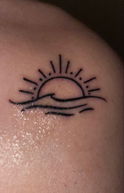 Sunset And Waves Tattoo, Sun Waves Tattoo, Cruise Tattoo Ideas, Sunset Tattoos For Women, Sunrise Tattoos, Sun And Wave Tattoo, Vacation Tattoos, Sand Dollar Tattoo, Rising Sun Tattoos