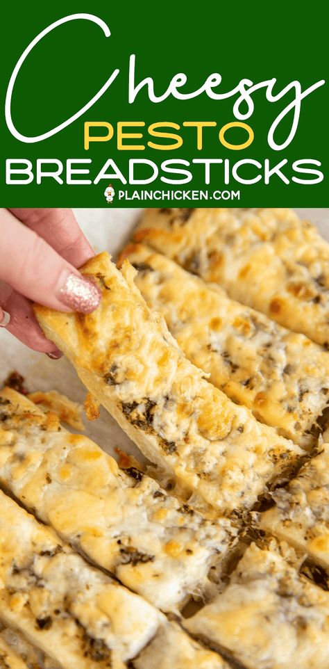 Cheesy Pesto Breadsticks - so easy and delicious! Only 4 ingredients - pizza dough, pesto, smoked gouda and mozzarella. Ready to eat in about 15 minutes. Great as a side dish or dipped in marinara or pizza sauce. YUM! Kids LOVE these cheesy breadsticks. #bread #pizza #pesto #cheesesticks Pesto Breadsticks, Entertaining Snacks, Cheese Bread Sticks, Pesto Bread, Cheesy Breadsticks, Pizza Appetizers, Bread Sticks, Plain Chicken, Bread Pizza