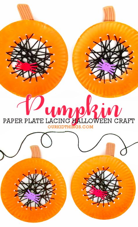 Paper Plate Lacing Pumpkin Craft Craft Spider, Paper Plate Pumpkin, Lantern Crafts For Kids, Spider Web Craft, Lantern Crafts, Parts Of A Pumpkin, Halloween Pumpkin Crafts, Paper Plate Craft, Therapeutic Recreation