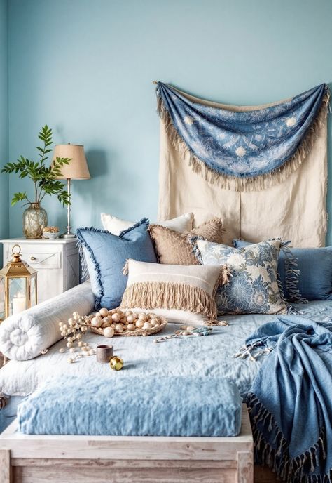 Light Blue Boho Bedroom Blue Boho Room, Light Blue Boho Bedroom, Blue Boho Bedroom Ideas, Blue Boho Bedroom, Light Blue Rooms, Ethereal Light, Boho Style Decor, Boho Bedroom Ideas, Cozy Fall Bedroom