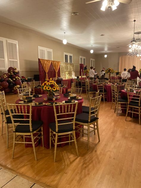 Sunflowers, burgundy, gold Burgundy And Gold Decor, Burgundy Black And Gold Quinceanera, Black Gold And Burgundy Party Decor, Burgundy And Gold Tables, Burgundy Thanksgivibg Table, Burgany And Tan Guest Tables, Burgundy And Gold Place Setting, Gold Graduation Party, Gold Party Decorations