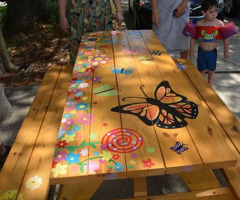 Stained, Hand painted picnic table Picnic Table Painting Ideas, Painted Picnic Table, Table Painting Ideas, Painted Picnic Tables, Picnic Table Makeover, Diy Picnic, Table Painting, Ideas Picnic, Diy Picnic Table