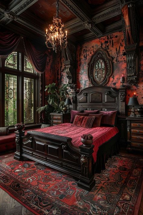 🌸In Love with This Gorgeous Design Dark Victorian Bedroom, Dark Romantic Bedroom, Vampire Decor, Vampire House, Story Settings, Vintage Bedroom Ideas, Pirate Room, House Bedroom Ideas, Goth Bedroom