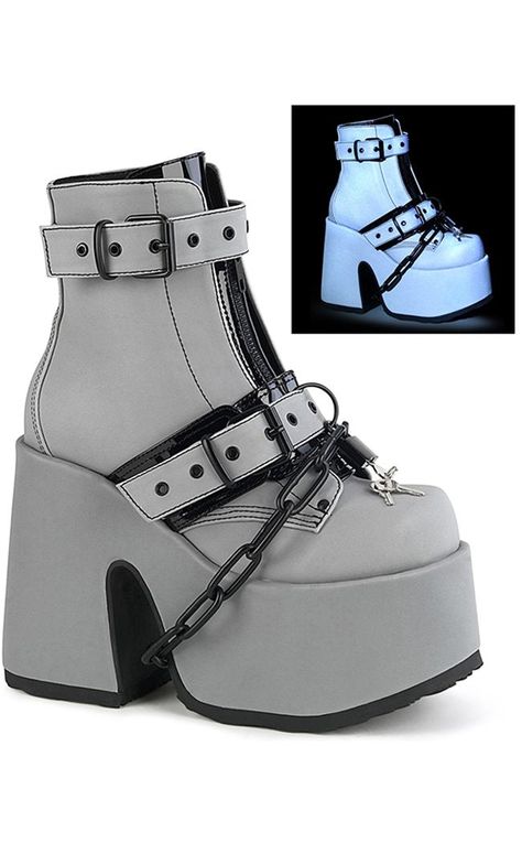 CAMEL-205 Grey Reflective Platform Boots-Demonia-Tragic Beautiful Long Platform Boots, Gothic Platform Boots, Alt Shoes, Punk Festival, Casual Shoes Women Sneakers, High Platform Shoes, Demonia Boots, Chains Silver, Goth Shoes