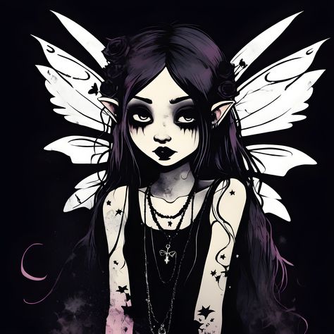 Goth Fairy Art, Emo Vs Goth, Goth Fairy Aesthetic, Goth Cottagecore Aesthetic, Fairy Goth Aesthetic, Faerie Goth, Grunge Angelcore, Fairy Pfp, Sapphic Art