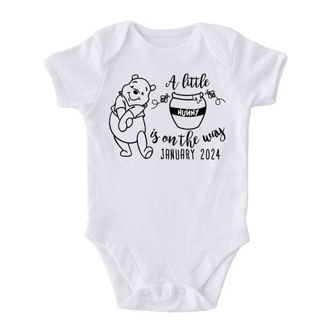 A little hunny is on the way! Share your sweet announcement with this adorable baby onesie®. Our white infant bodysuits are made with 100% Cotton official Gerber Onesies® brand bodysuits. Available in short or long sleeves. See size chart in Details tab below. Onesie Baby Announcement, Pooh Nursery, Baby Announcement Onesie, Nice Tattoos, Announcement Onesie, Winnie The Pooh Themes, Winnie The Pooh Nursery, Pregnancy Announcement Onesie, Disney Baby Shower