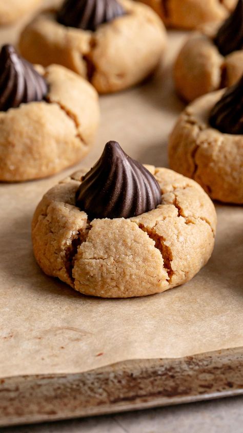 ✨ NEW! Almond Flour Peanut Butter Blossom Cookies! 🥜🍫 These Almond Flour Peanut Butter Blossom Cookies are a simple gluten-free, vegan version of the popular peanut butter blossoms we all love so much! The almond flour peanut butter cookies are made with only 6 ingredients and then garnished with a dairy-free homemade chocolate candy kiss. Head to my blog for my recommended candy kiss mold, my tips for how to keep the chocolate stuck in the cookie but not melting, and of course grab the reci Almond Butter Blossom Cookies, Almond Flour Cookies Healthy, Cacao Cookies, Almond Flour Peanut Butter Cookies, Peanut Butter Blossom, Peanut Butter Kiss Cookies, Butter Blossoms, Crispy Quinoa, Peanut Butter Blossom Cookies