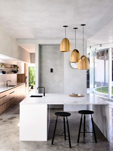 Concrete Benchtop, Biggest Kitchen, Wood Kitchens, Sarah Wood, Kitchen Island Bench, Lamp Large, Modern Renovation, Big Kitchen, Classic Kitchen