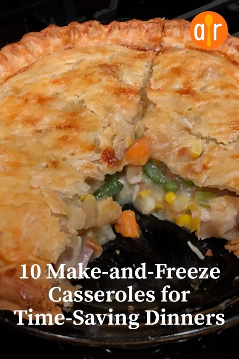 10 Make-and-Freeze Casseroles for Time-Saving Dinners | "When you want a warm and satisfying family meal, but you don't have time to actually make one, a freezer full of ready-to-bake casseroles is the answer. Try these recipes for 10 of our most popular make-and-freeze casseroles, and get tips for freezing, thawing, and baking them." #dinnerideas #dinnerrecipes #dinnerdishes #familydinnerideas #supper #supperideas Turkey Freezer Meals Casserole Recipes, Make A Head Dinners To Freeze, Easy Frozen Casseroles Make Ahead, Casseroles That Freeze Well Families, Casseroles For The Freezer, Good Casseroles To Freeze, Freezer Hotdish Recipes, Mexican Casserole To Freeze, Freezer Chicken Casseroles Make Ahead