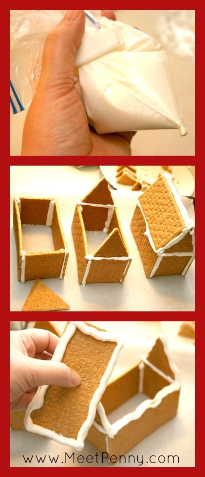 Using graham crackers to build a gingerbread house . Looks easy. Graham Cracker Gingerbread, Making Gingerbread Houses, Homemade House Decorations, Graham Cracker House, Graham Cracker Gingerbread House, Diy Christmas Crackers, Cracker House, Biscuits Graham, Gingerbread House Parties