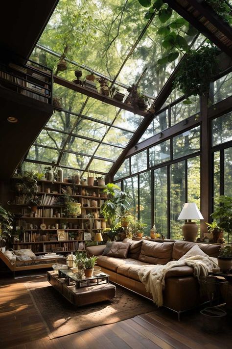 Green House Living Room, Biophillic Interiors Home, Greenery Interior Design, Interior Design Plants Living Room, Earthy Library, Earth Homes Design, Fern Future Home Vibes, Greenhouse Room In House, Greenhouse Living Room