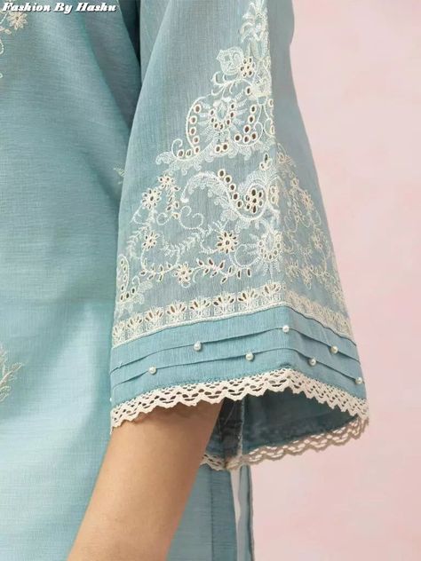 35+ Very Stylish Lace Sleeve Designs For Summer 2023 | New Sleeves With Laces / Bazu Ke Designs Stylish Sleeves, Kurti Sleeves Design, Lace Dress Design, Designer Kurti Patterns, Trendy Shirt Designs, Fashion Sewing Tutorials, Dress Neck Designs, Dress Design Patterns, Kurti Neck Designs