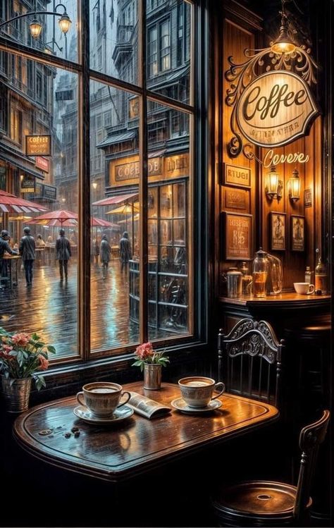 Fantasy Cafe, Rain And Coffee, Digital Art Photography, Dreamy Artwork, Coffee Shop Aesthetic, Casa Exterior, Cozy Cafe, Autumn Scenes, Coffee Shop Design