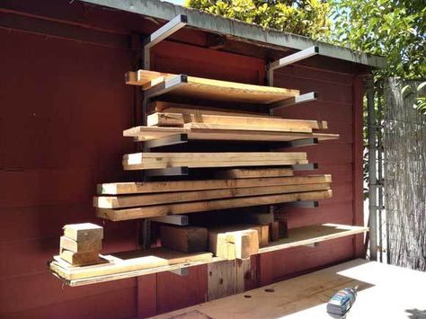 https://www.rockwelltools.com/en-US/lumber_storage_rack.aspx Outdoor Lumber Storage Ideas, Diy Lumber Storage, Modern Rustic Dining Table, Diy Projects Garage, Lumber Storage Rack, Organize Tools, Timber Storage, Yard Storage, Lumber Rack