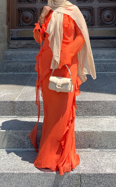 Orange Hijab, Modest Outfits Muslim, Outfits Muslim, Orange Gown, Modesty Outfits, Modest Summer Outfits, Muslim Women Fashion, Fancy Dresses Long, Hijabi Outfits Casual