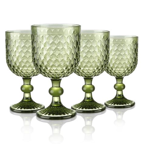 PRICES MAY VARY. Exquisite Design: The embossed diamond pattern beautifully refracts the light, making each glass sparkle like a diamond and shine in elegant romantic splendour. The honeycomb pattern is both expressive and unique, and it creates a striking statement on any table. This stylish wine glasses can be combined with a variety of interior styles. High Quality: Made of food-grade heavy-duty glass, BPA and lead free, thus vintage colored wine glasses are incredibly durable, dishwasher saf Green Goblets, Colored Wine Glasses, Vintage Wine Glasses, Bee Birthday, Water Goblets, Vintage Wine, Honeycomb Pattern, Glassware Set, Green Vintage