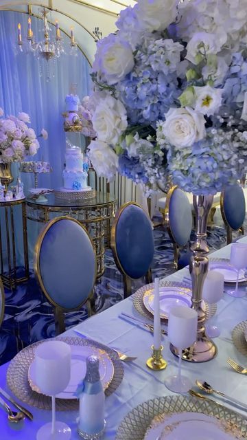 Certified Event & Wedding Planner on Instagram: "Cinderella theme sweet16 fit for a princess 🤍💙🤍 *Another room transportation 🤩 Event planning & design @eventsbytoya_inc Luxury rentals @glenspartyrental Floral’s @z_the_florist Luxury candelabra & chandeliers @jl_craftdesign Cake & treats @bites_galore_sweetique Customized glam bottles @glamdup_nyc Graphics @emgprints" Cinderella Wedding Reception, Cinderella Aesthetic Party, Enchanted Forest Theme Quinceanera Blue, Cinderella Wedding Decor, Once Upon A Time Sweet 16 Theme, Cinderella Wedding Theme Decoration, Cinderella Prom Theme, Baby Blue And Gold Quinceanera Theme, Cinderella Sweet 16 Decorations