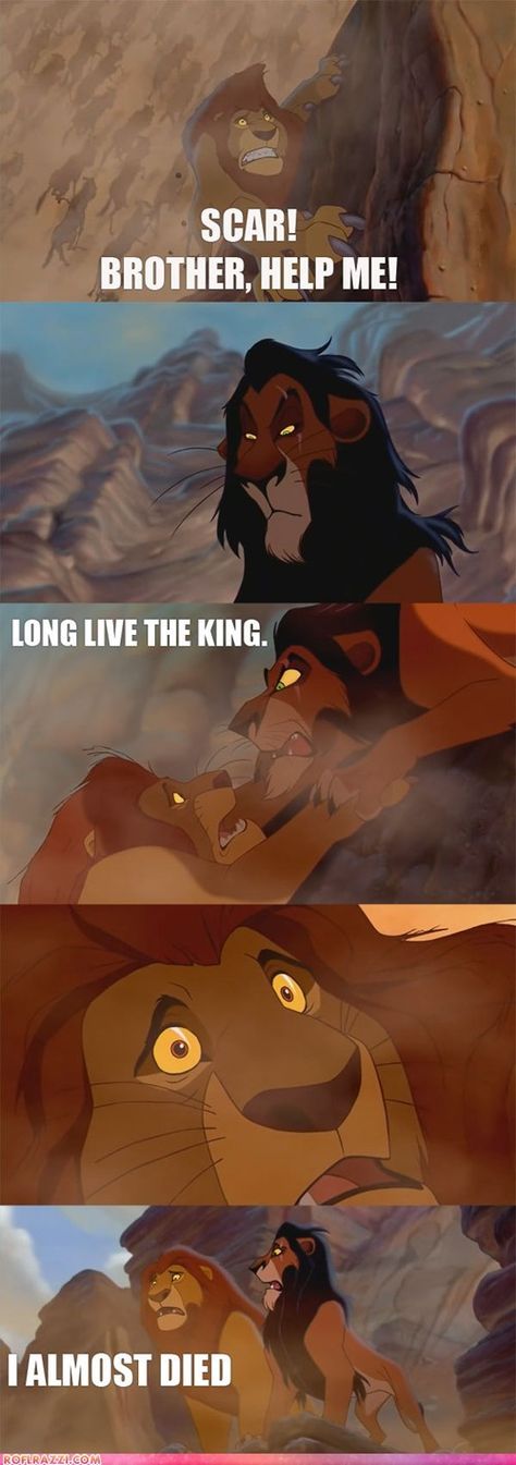 The Lion King relates to Hamlet because, Scar, Mufasa's brother kills Mufasa for power over the land and to be the king. In Hamlet's case, Claudius is Scar and Hamlet is Mufasa. Claudius murdered King Hamlet in order to be king of Denmark. It is crazy what power can do to people, especially brothers. Lion King Funny, Disney Humor, Humor Disney, Il Re Leone, Long Live The King, Images Disney, Lion King Art, Flynn Rider, Disney Jokes